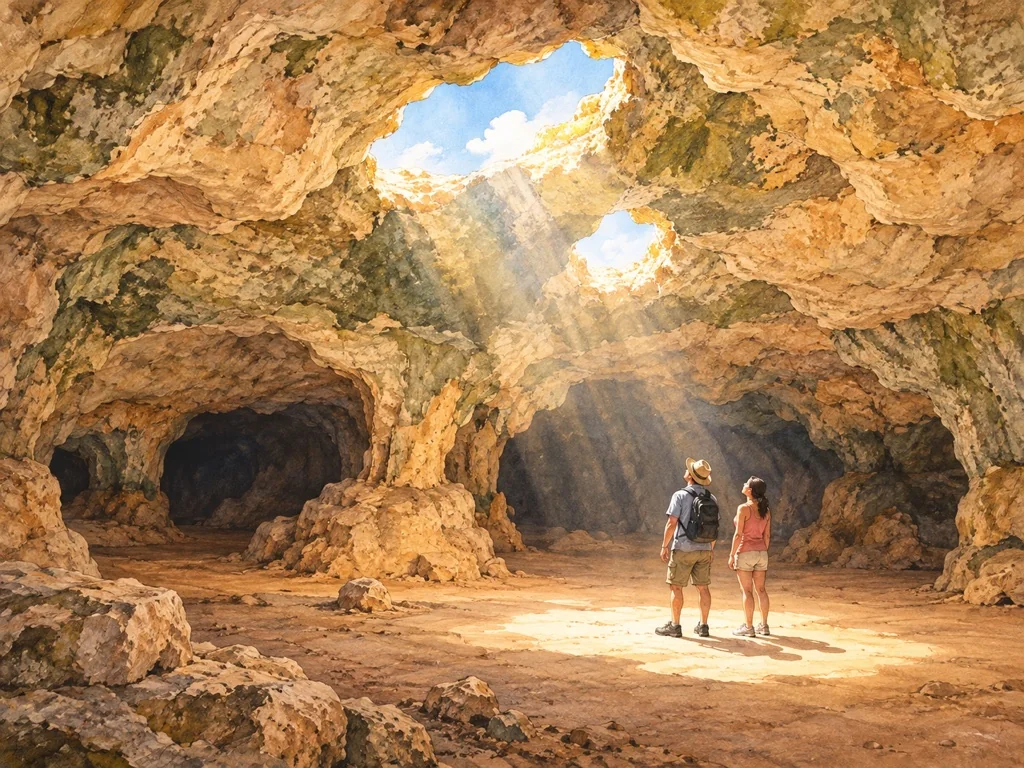Vintage watercolor illustration of Quadiriki Cave with natural skylights, in Arikok National Park