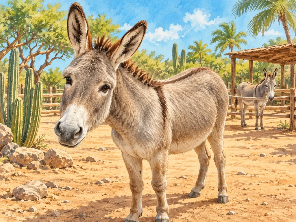 Vintage watercolor illustration of Donkey Sanctuary Aruba