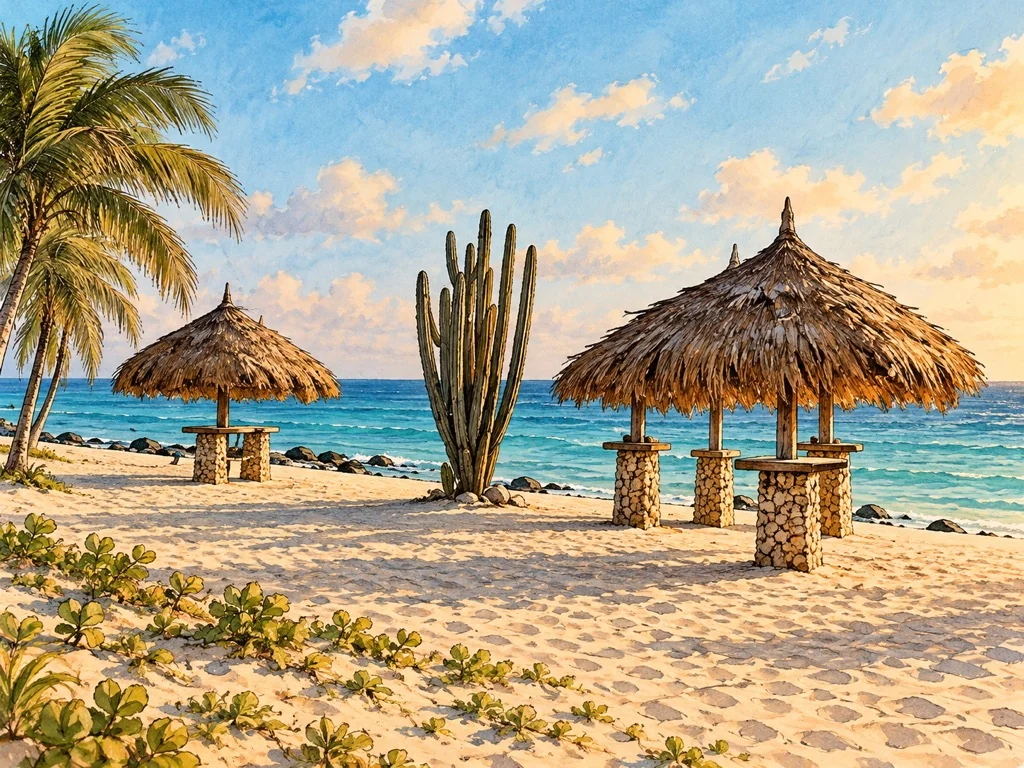 Vintage watercolor illustration of Arashi Beach