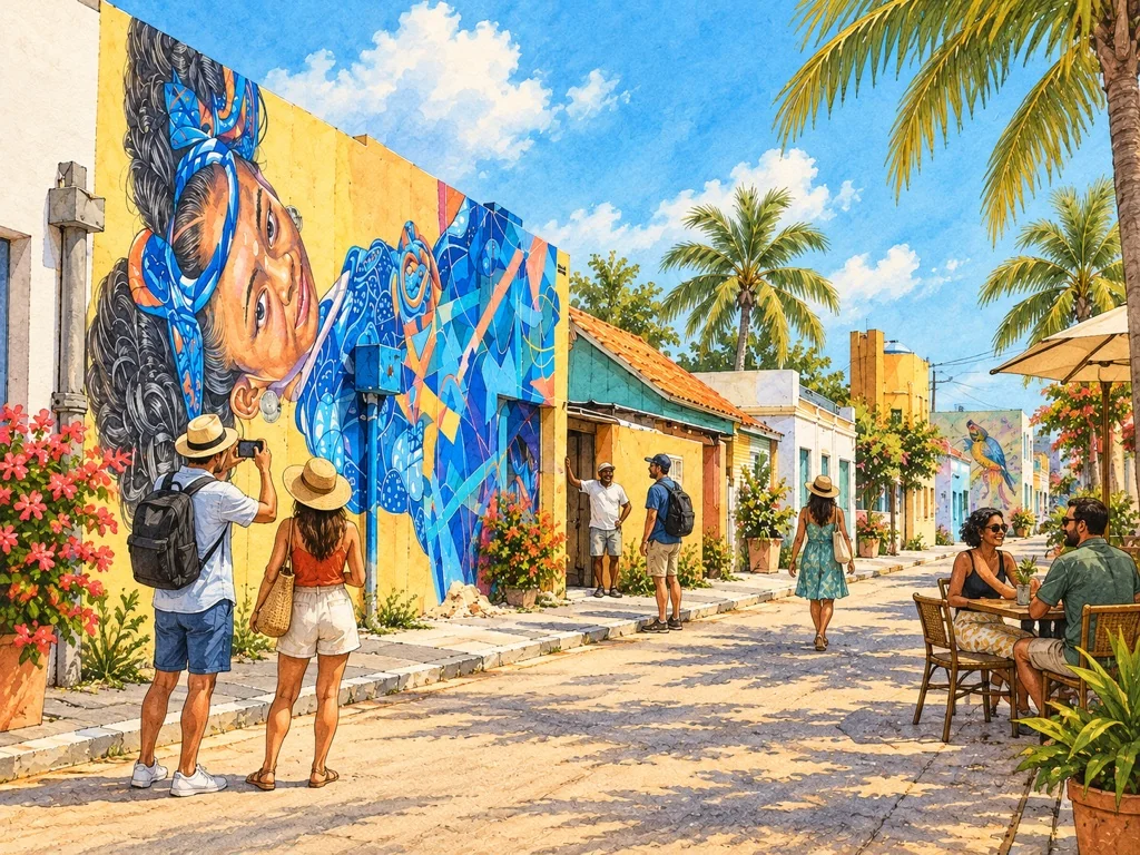 Vintage watercolor illustration of visitors exploring San Nicolas’s colorful mural street