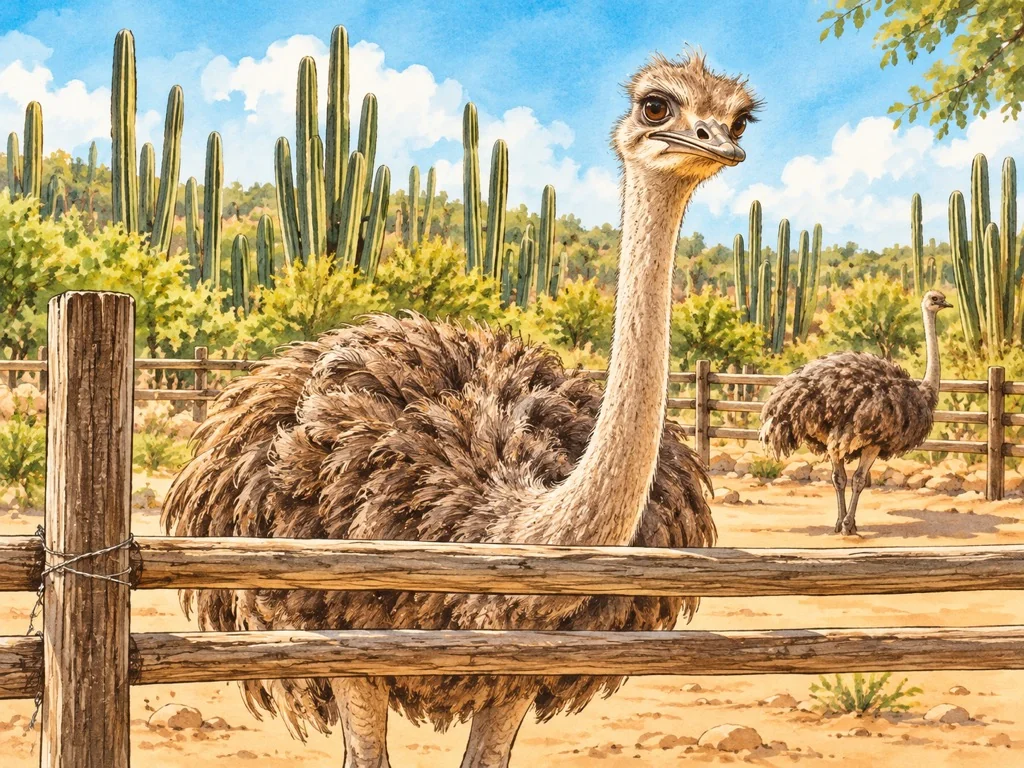 Vintage watercolor illustration of Ostrich Farm