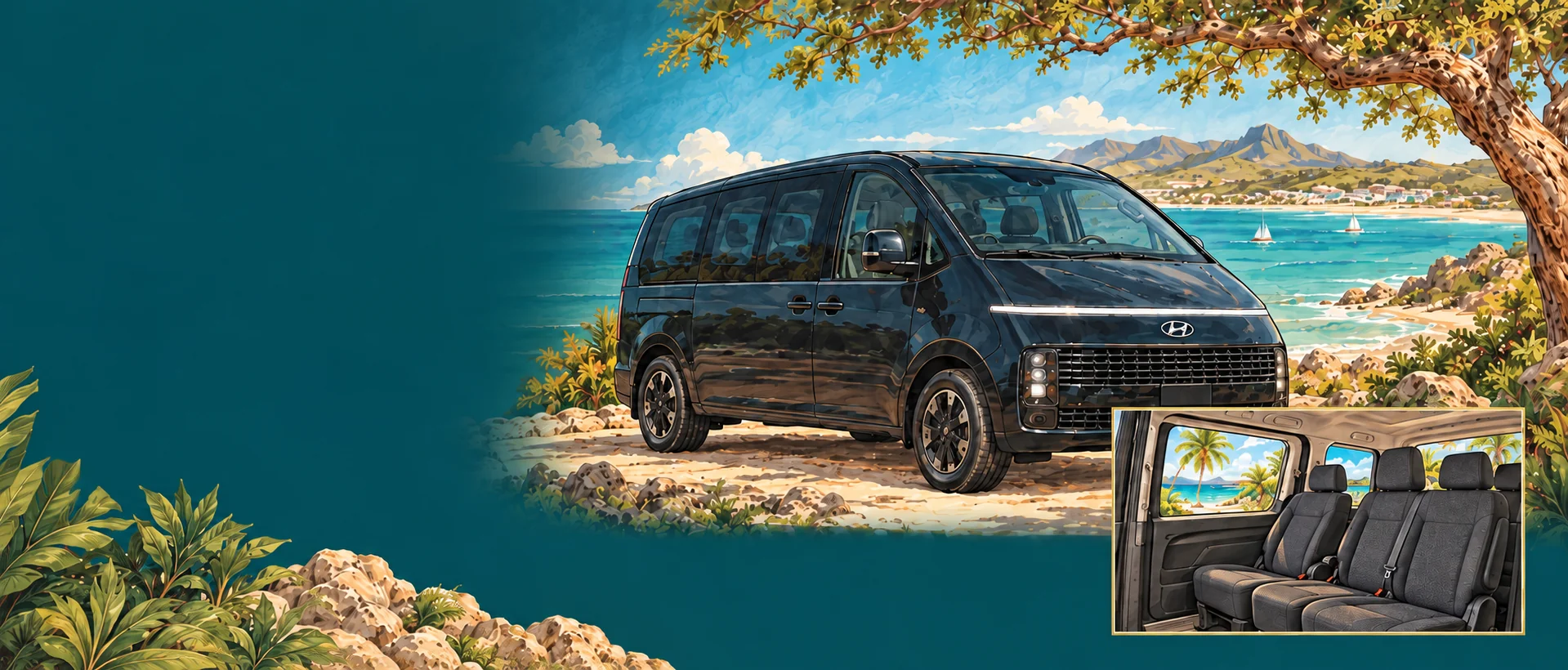Illustration of a dark Hyundai Staria beside the Aruba coast, with a passenger-seat inset; not a photo of our specific van