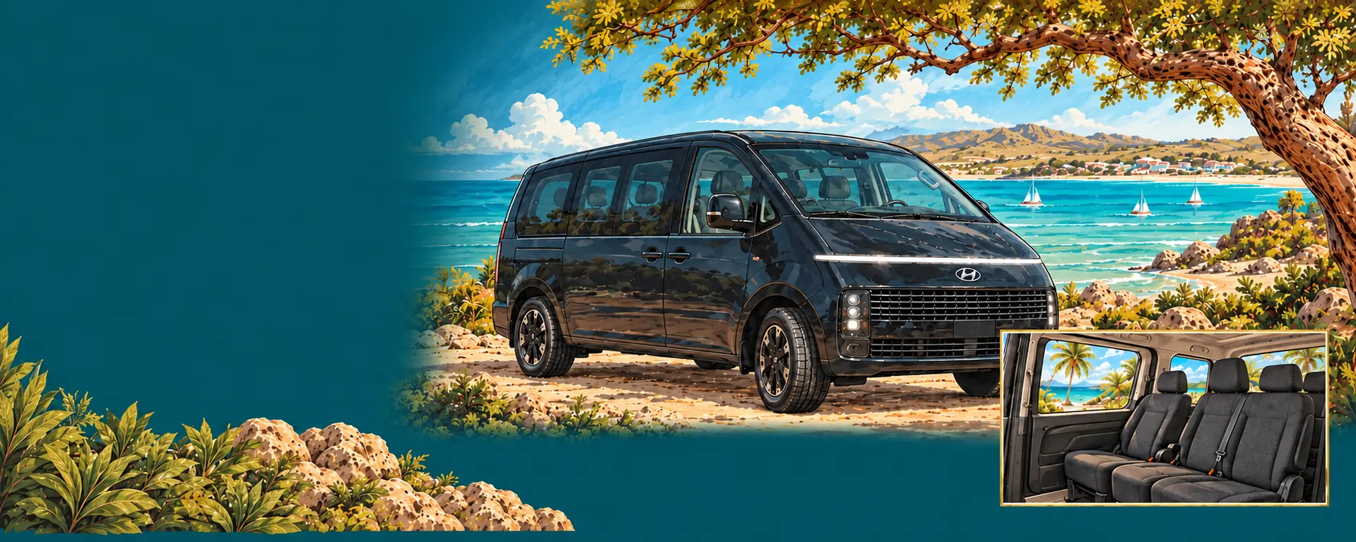 Illustration of a dark Hyundai Staria beside the Aruba coast, with a passenger-seat inset; not a photo of our specific van