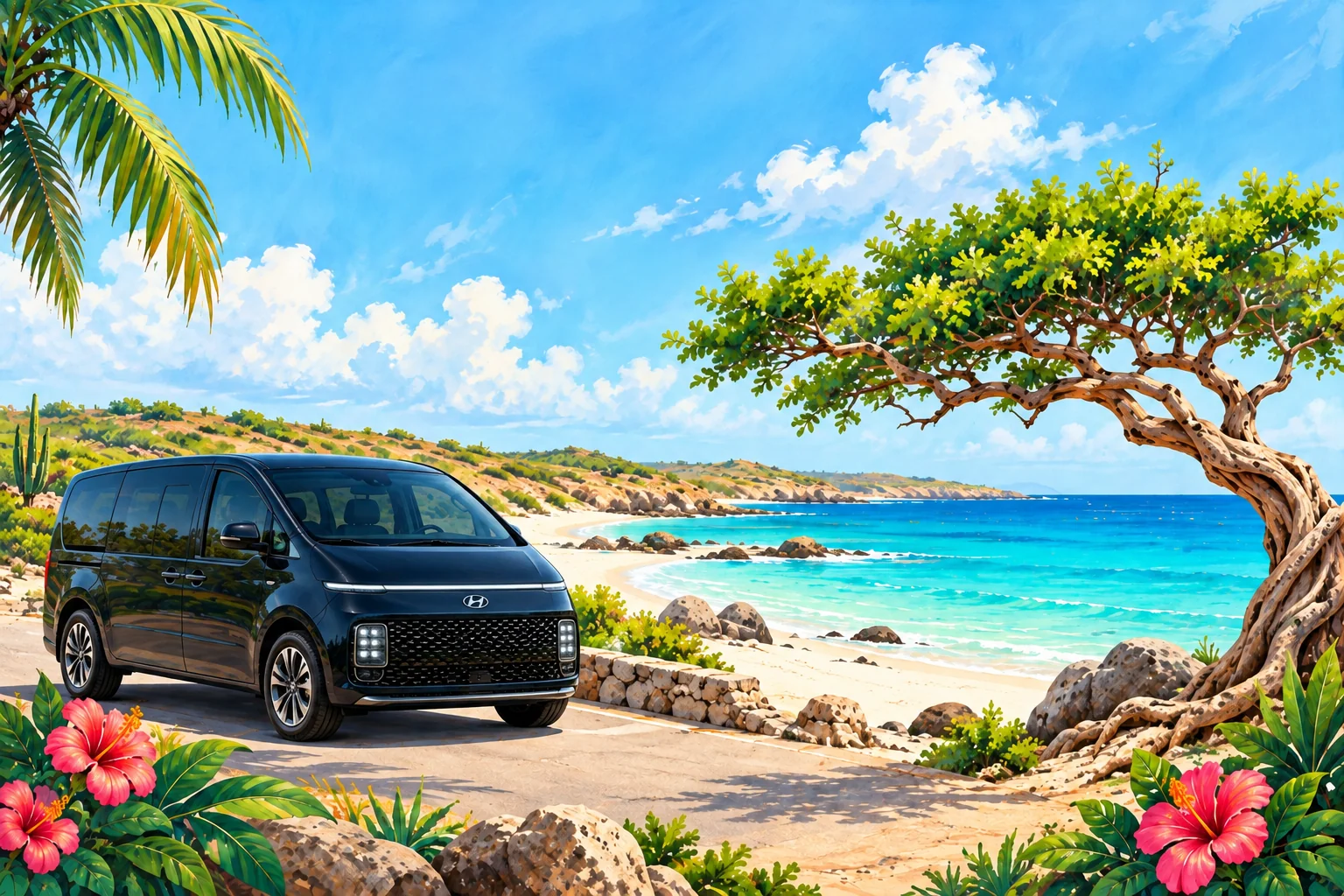 Illustration of a dark Hyundai Staria beside the Aruba coast