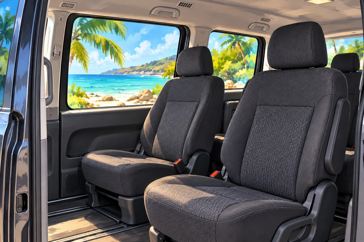 Illustration of passenger seats and large windows; not a photo of our specific van